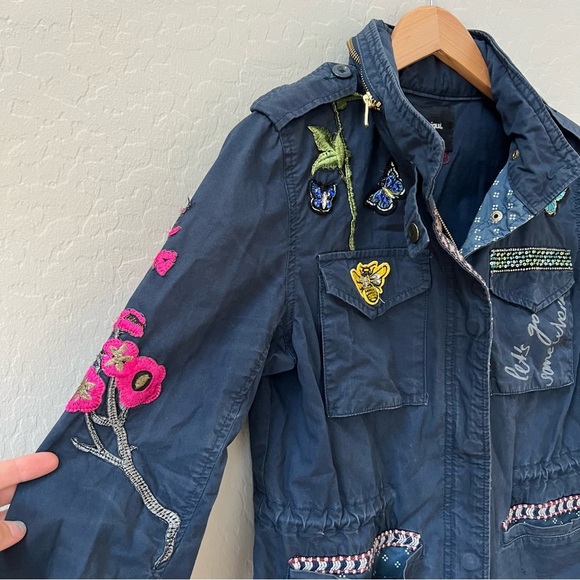 desigual pakaian jadi wanita navy utility jacket butterfly bird bee - Picture 4 of 14